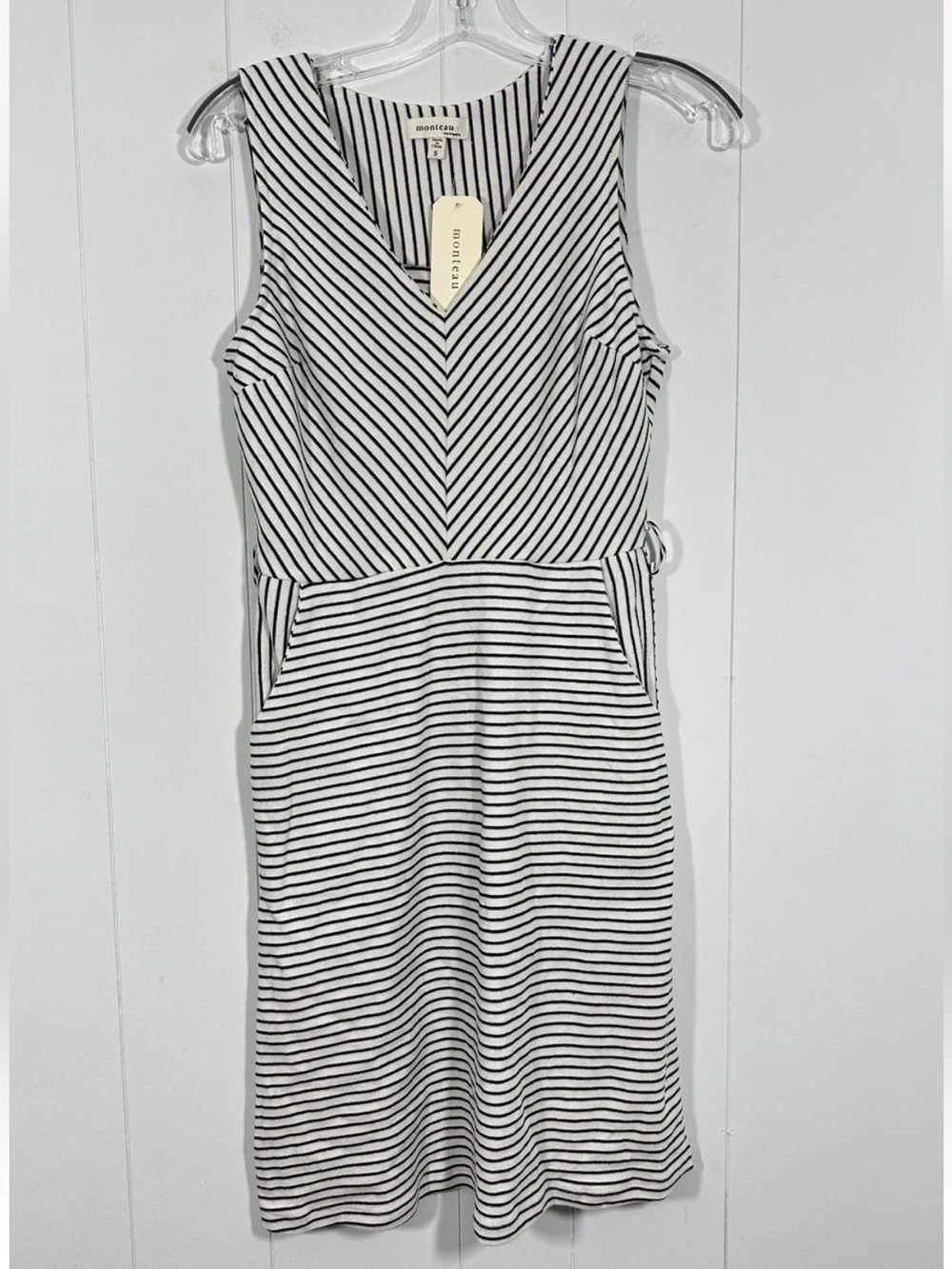Monteau Womens Sz S Striped V Neck Sleeveless A-Line Knee length Dress
